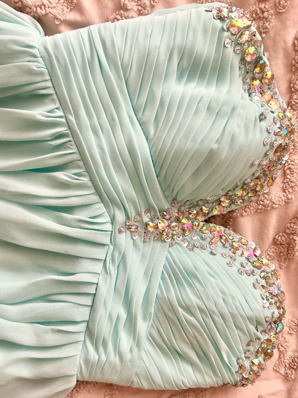 Bejeweled strapless sweet heart neck line, light teal mini Homecoming dress